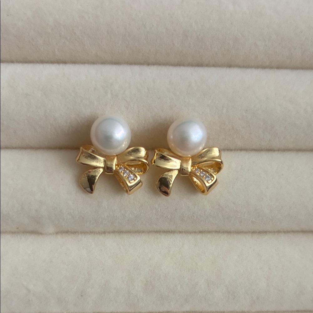 Pearl Bow Stud Earrings, Freshwater Pearl, Gold Filled, Cute Everyday Jewelry